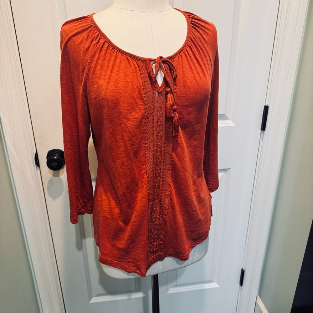 Boho Orange Blouse w/Tie Front , Tassels,and embroidered front 3/4 Sleeves